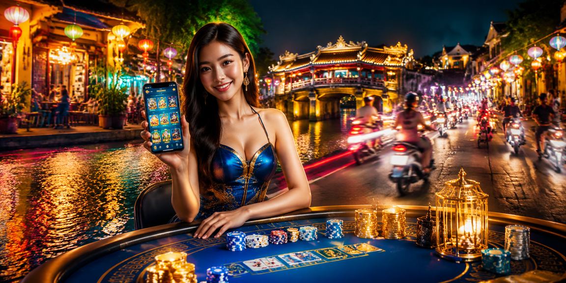 Người dùng tại phố cổ Hội An trải nghiệm casino trực tuyến trên điện thoại vào buổi tối
